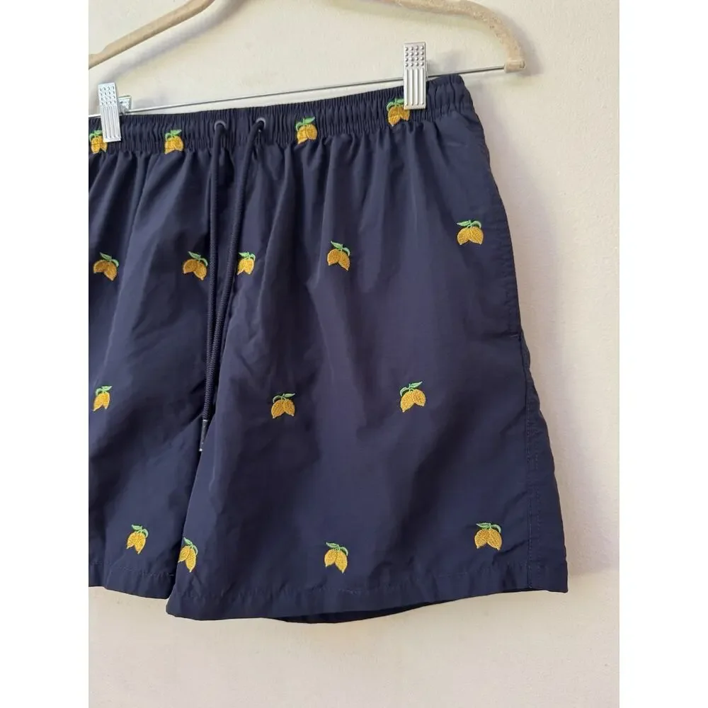 Warren Webber Navy Blue Lemon Embroidered Swim Trunks Men’s Size XL